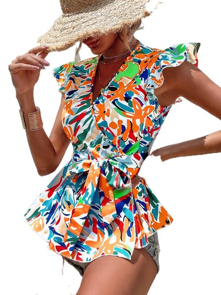 

all over print flounce sleeve belted trim peplum blouse l5fv#, White