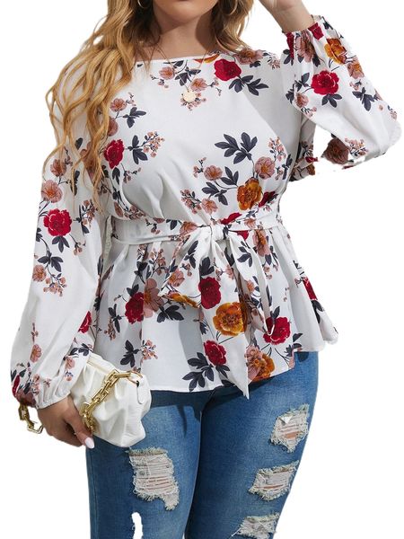

plus floral print lantern sleeve knot front blouse k1ch#, Black