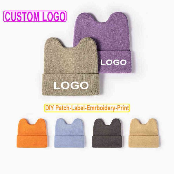 Stampa personalizzata fai da te patch ricamo carino orecchie di coniglio cappello lavorato a maglia femminile all'aperto caldo studente beanie cappello di lana da donna J220722