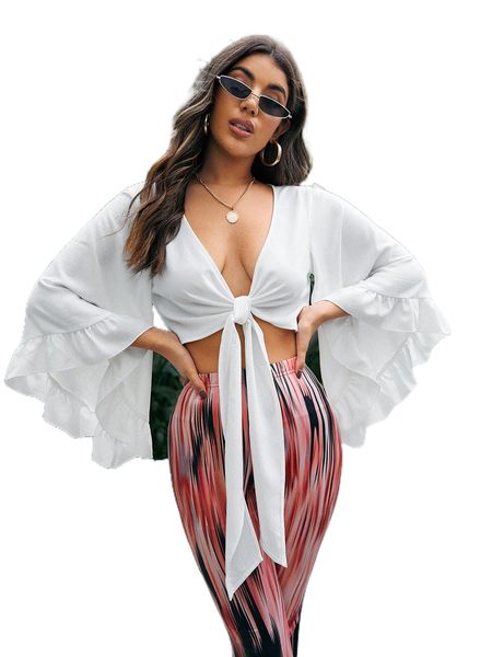 

butterfly sleeve tie front a8gz#, White
