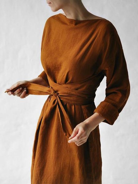 Vestidos casuais 2022 elegante e elegante vestido solto moda moda linho algodão pulôver mulheres com manga longa sólida
