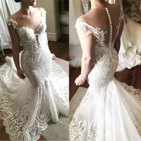 

2022 mermaid wedding dresses bridal gown jewel sheer neck illusion lace applique tulle sweep train custom made vestido de novia plus size be, White
