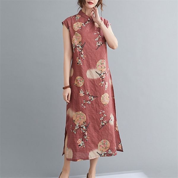 

arrival thin soft short sleeve loose summer dress print floral beading vintage chinese style women casual 220504, Black;gray