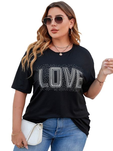 

plus polka dot & letter graphic drop shoulder tee s4vo#, Black