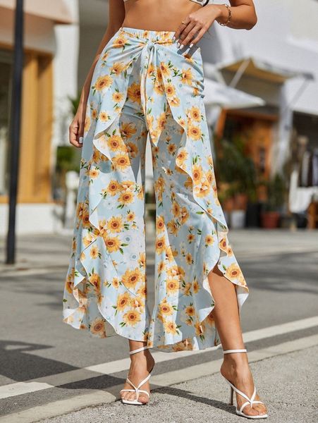 

allover floral print tie front ruffle trim wide leg pants r8qw#, Black;white