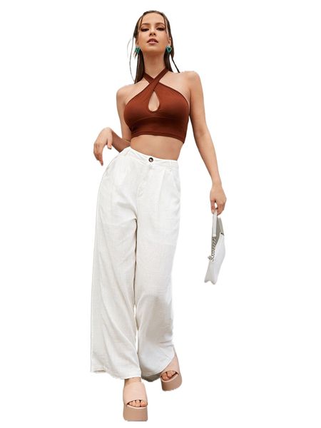 

high waist slant pockets wide leg pants 063l#, Black;white
