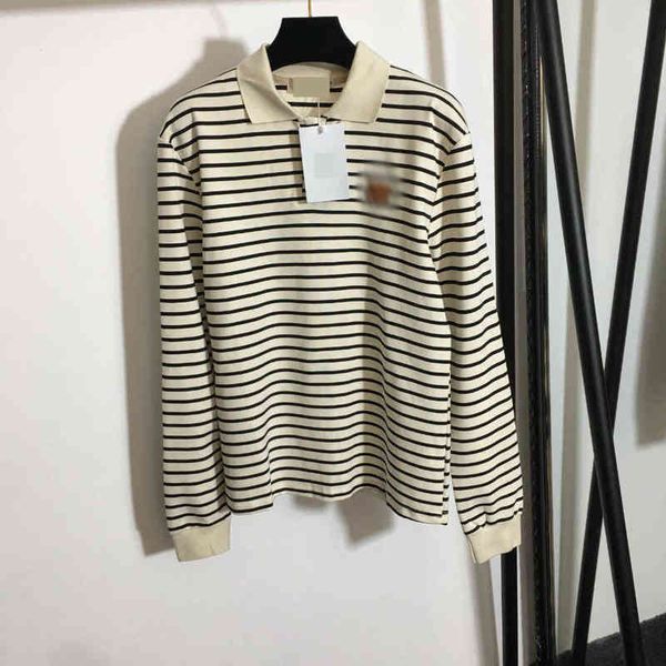 

2022 early spring new simple polo collar stripe long sleeve top, White;black