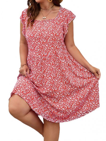 

plus ditsy floral ruffle trim dress p6j4#, Black