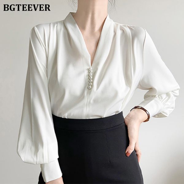 

stylish v-neck buttons ladies blouses long sleeve loose lantern sleeve female shirts 2022 spring women blouses, White