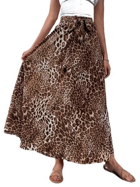 

leopard tie front maxi skirt t32u#, Black