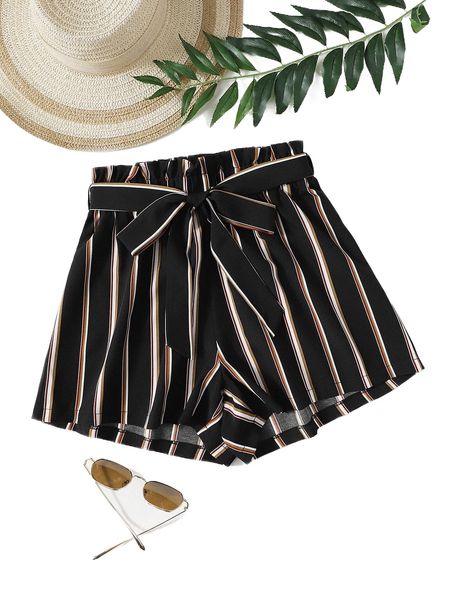 

striped paper bag waist belted shorts d2zu#, White;black