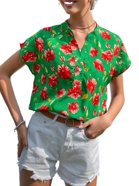 

floral print notch neck batwing sleeve blouse i1at#, White