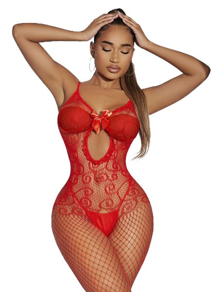 

fishnet cut-out bodystocking q730#, Black;red