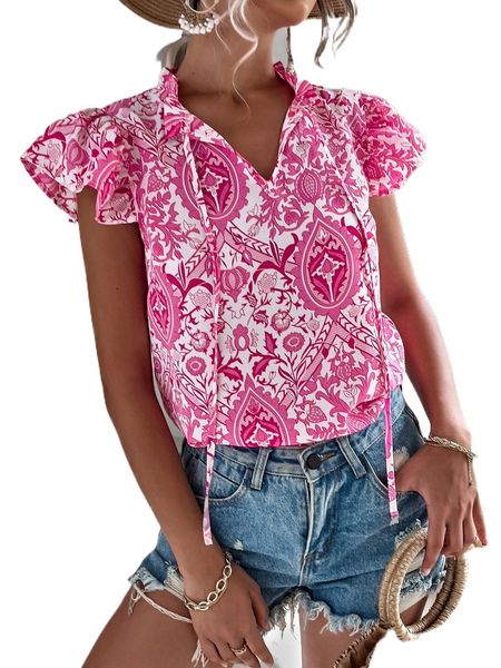 

floral print tie neck butterfly sleeve blouse s1dh#, White