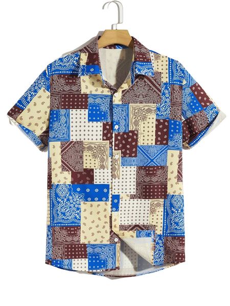 

romwe guys paisley patchwork print shirt n745#, White;black