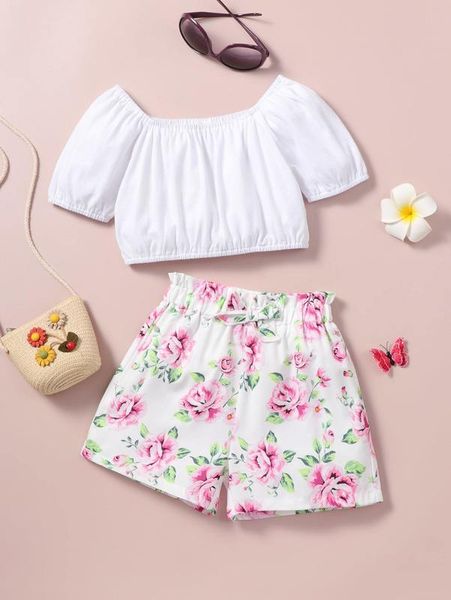 

girls puff sleeve tee & floral print paperbag waist knot shorts she, White
