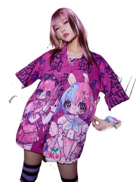 

romwe x tensuiimeteor anime cartoon figure print shirt y5br#, White
