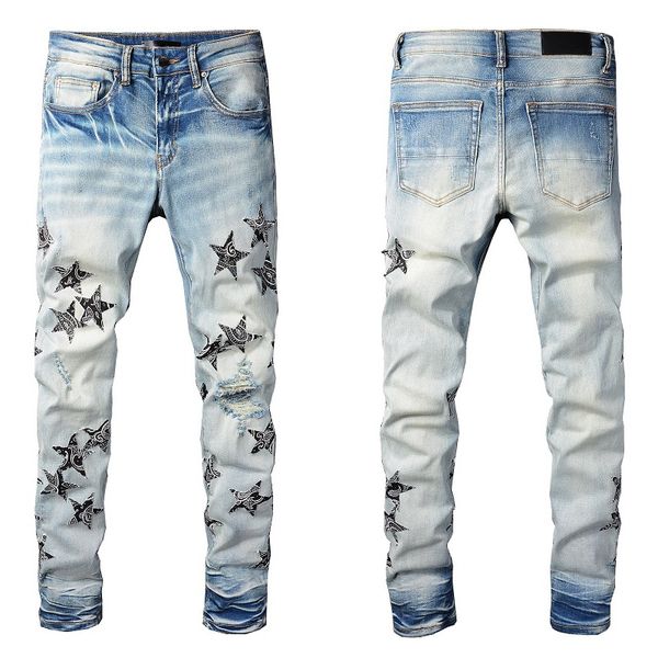 High Street Hip Hop Hose Herren Panther Print Army Green Destroyed Herren Slim Denim Straight Biker Skinny Jeans.