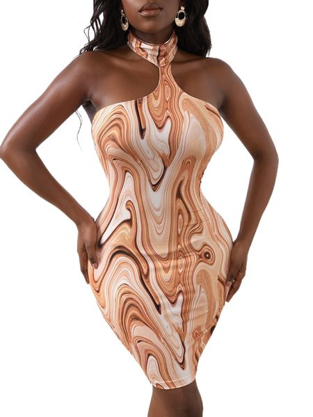 

sxy marble print backless halter bodycon dress 64jf#, Black;gray
