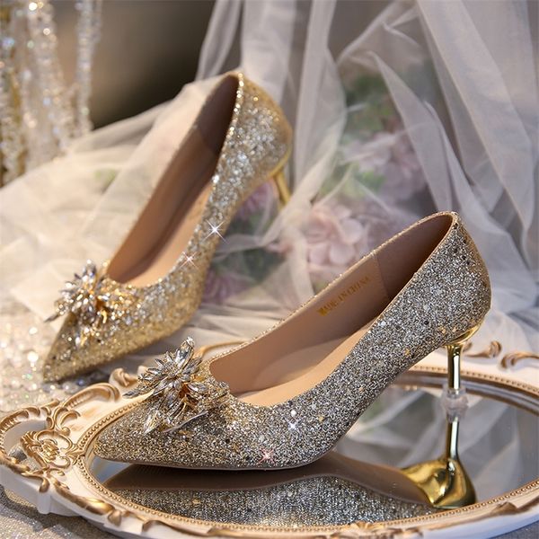 

womens est high heel pumps pointed toe woman crystal party wedding shoes 220722, Black
