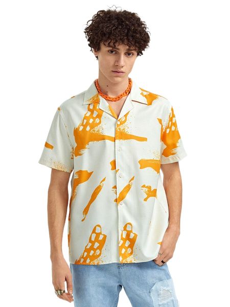 

men graphic print lapel neck shirt e2lb#, White;black
