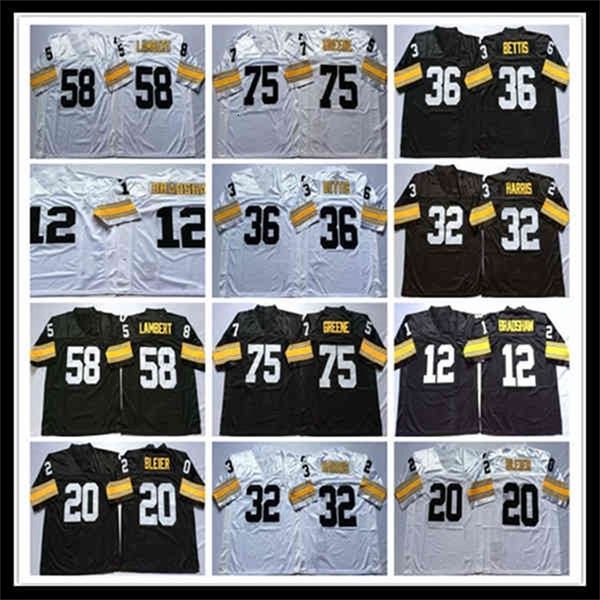 Chen37 Uomini Retro Calcio 12 Terry Bradshaw 20 Rocky Bleier 32 Franco Harris 36 Jerome Bettis 58 Jack Lambert 75 Joe Greene Jersey Bianco Nero