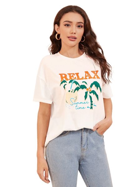 

tropical and letter graphic drop shoulder tee 24hp#, White