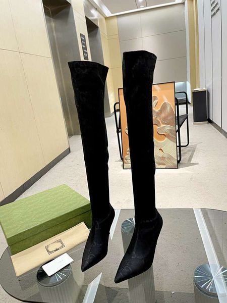 

luxury brand womens printing thigh-high boots knight winter motorcycle pointed toes high heel 8cm over-the-knee booties, Black