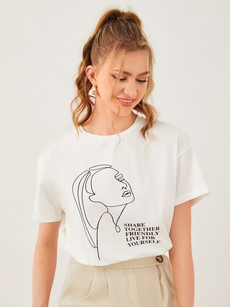 

slogan & figure graphic drop shoulder tee y5w6#, White