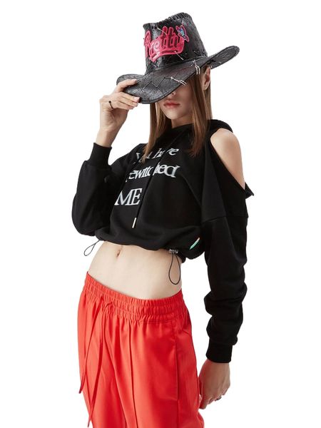 

cut out letter graphic drawstring crop hoodie w3t5#, Black