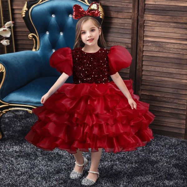 Kız Elbiseleri BH-5826J#Ball Roole Flower Girl Kısa Çocuk Elbise Yay Sequins Kırmızı Şarap Sarı Mavi Siyah Toptan Satış