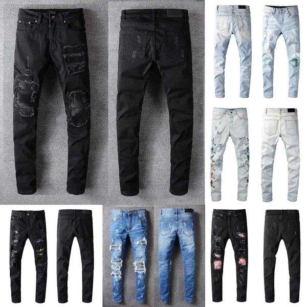 

designers luxurys jeans distressed france fashion pierre straight men's biker hole stretch denim casual jean men skinny pants elasticit, Blue