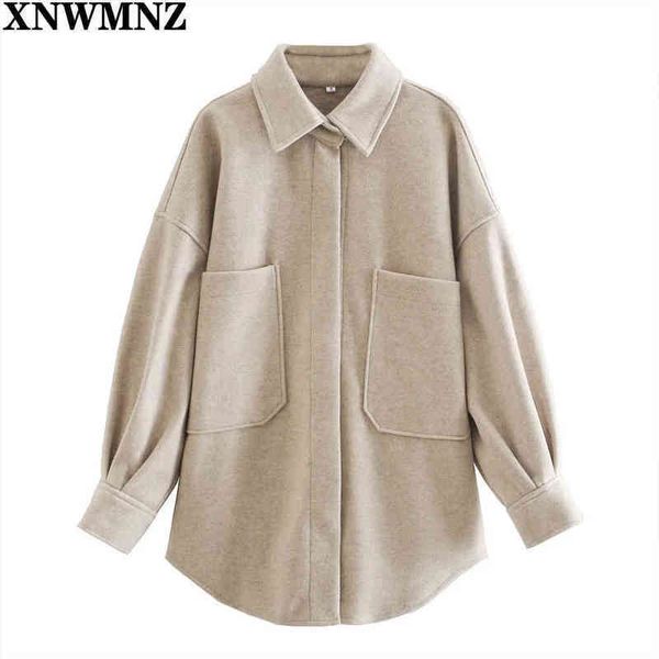 

xnwmnz casual camel loose pocket woolen shirt woman fashion ladies sping long sleeve thick blouse coat female outwear 210513, Black