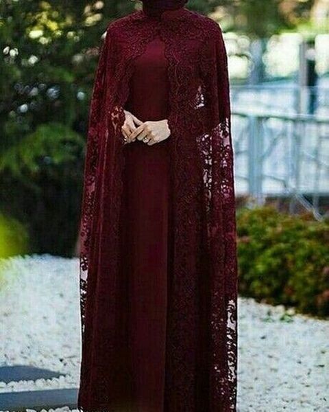 Modesta Hijab Muçulmana Mãe dos Vestidos da Noiva com Cabo de renda longa Mangas cheias Borgonha Caftan Vestido de festa de casamento High Neck Prom