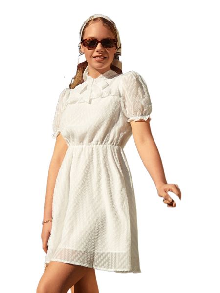 

swiss dot puff sleeve tie neck chiffon dress i6kw#, Black;gray