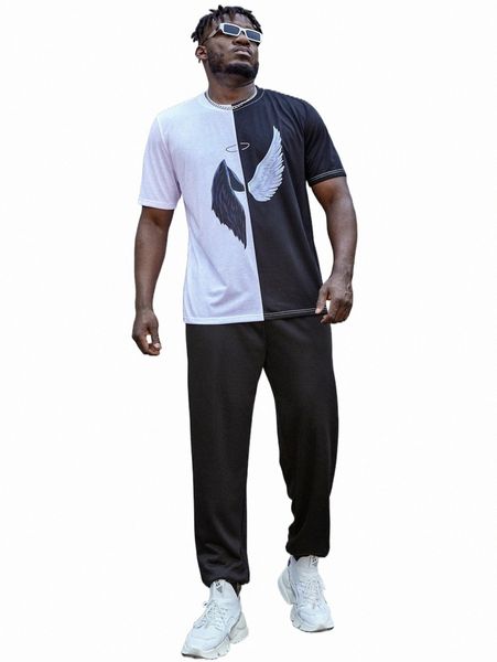 

extended sizes men wings print colorblock tee & pants s0rw#, Gray