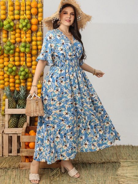 

plus allover floral print flounce sleeve tie back shirred dress i9et#, Black