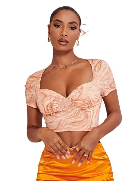 

marble print crop tee b7ol#, White