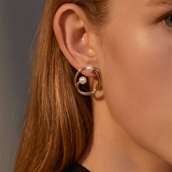

geometric knot round stud earrings european women irregular pearl drop earring female copper gold ear stud jewelry wholesale white k, Golden;silver