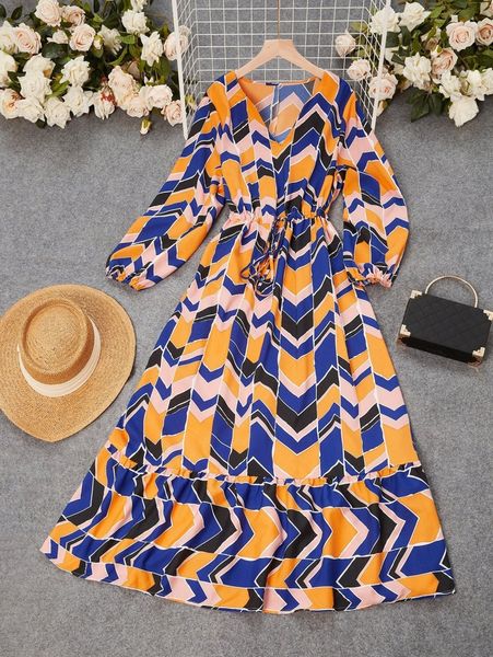 

plus chevron print drawstring waist ruffle hem dress s1i5#, Black