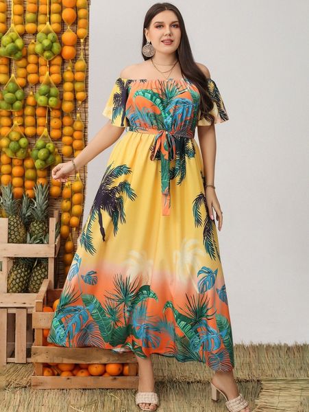 

plus tropical print off shoulder belted a-line dress r7cg#, Black