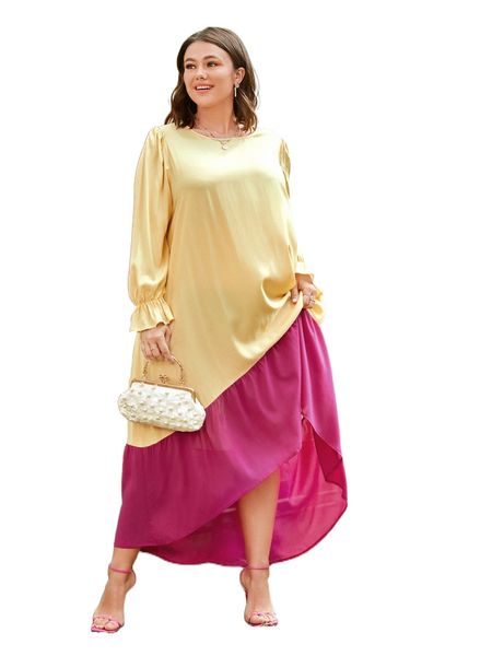 

plus two tone flounce sleeve high low hem dress w7wi#, Black