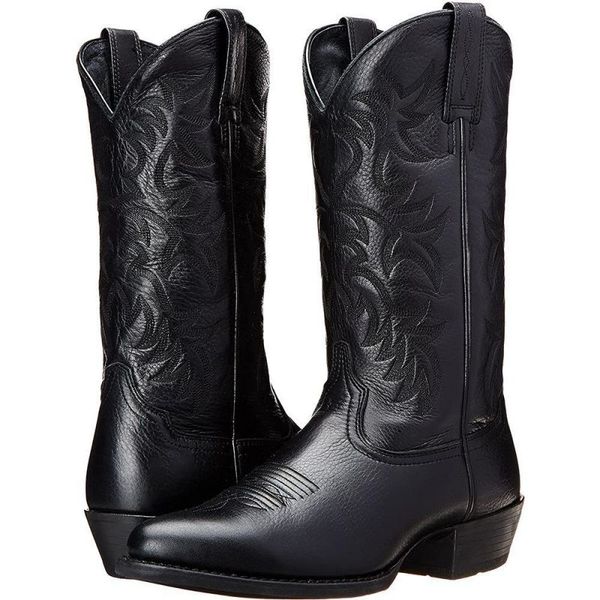 

knight boots men pu solid color ankle pointed toe casual fashion embroidery print european and american style mid-tube western cowboy boots, Black