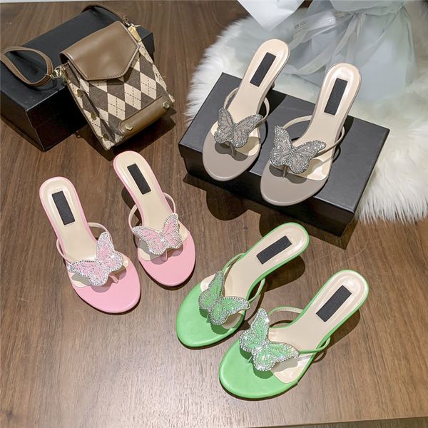 

fashion blumarine italy butterfly rhinestones embellished thong sandals high heels luxury slippers women shoes green khaki pink designer par, Black
