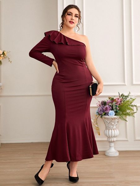 

plus one shoulder ruffle trim mermaid hem dress o29q#, Black