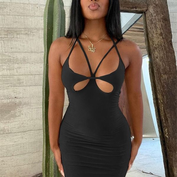 

kliou halter solid mini dres bandage sleeveless hole cleavage body-shaping hip skirt midnight style female partywear 220509, Black;gray