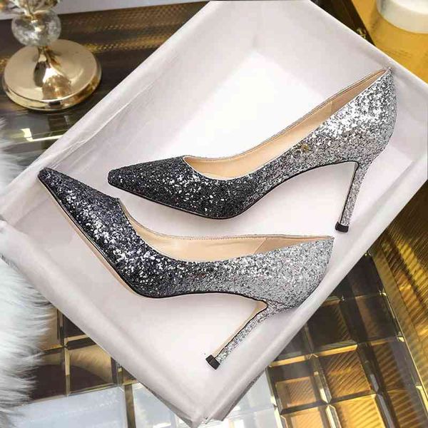 

sequin high heels thin heel pointed sling shoes 2022 new wedding female gradient silver dress bride, Black