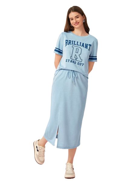 

slogan graphic tee & split hem skirt m43n#, White