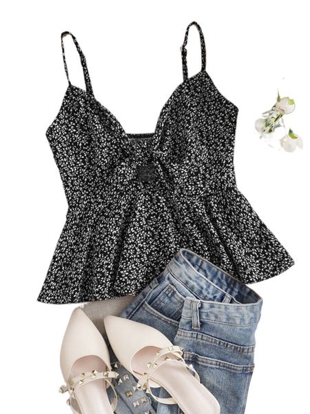 

plus plant print tie front shirred back peplum cami 83lu#, Black