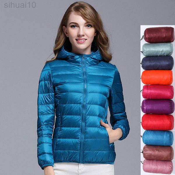 Piumino da donna 90% piumino d'anatra bianco autunno femminile piumini ultraleggeri slim solido manica lunga con cappuccio Parka color caramella L220730